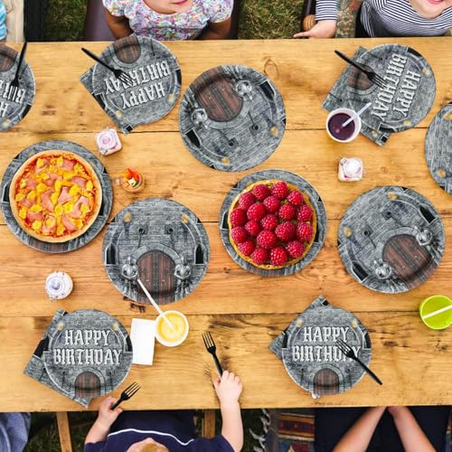 Grencian 96Pcs Medieval Castle Birthday Party Decorations, Serves 24 | Castle Plates and Napkins Disposable Medieval Knight Tableware Set for Kids Birthday Baby Shower Halloween Party Supplies - style: Medieval Castle Theme Birthday