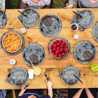 Grencian 96Pcs Medieval Castle Birthday Party Decorations, Serves 24 | Castle Plates and Napkins Disposable Medieval Knight Tableware Set for Kids Birthday Baby Shower Halloween Party Supplies - style: Medieval Castle Theme Birthday