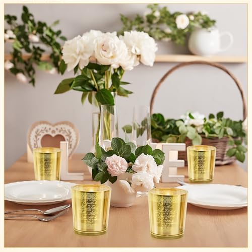 Teenyyou 4 Pcs Islamic Decorations Votive Candle Holders Bulk Eid Al Adha Gifts Hajj Mubarak Gold Glass Tealight Holders Table Decors Centerpiece for Muslim Desk Bedroom Home Office