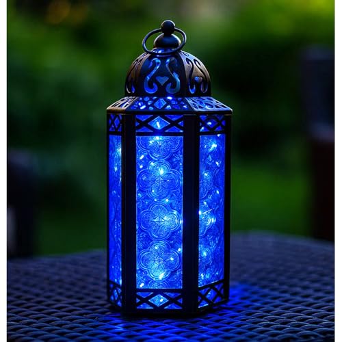 Vela Lanterns Decorative Indoor Fairy Light Candle Holder, Blue, M | Fantasy Moroccan Decor, Diwali Ramadan & Eid Mubarak Decorations, Turkish Metal Hanging Lamp, Bathroom, 10.5" Tall - color: Black/Blue, size: Medium