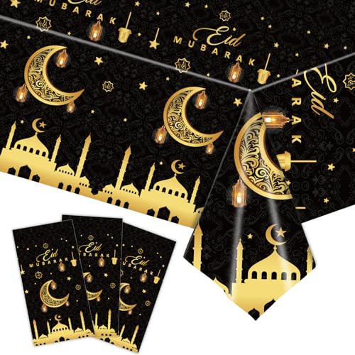 3 Pack Ramadan Decorations Ramadan Table Cloth, Black and Gold Eid Mubarak Tablecloth, 108x54 inch Ramadan Mubarak Table Cover, Ramadan Eid Decorations for Home, PE Plastic Disposable Tablecloth