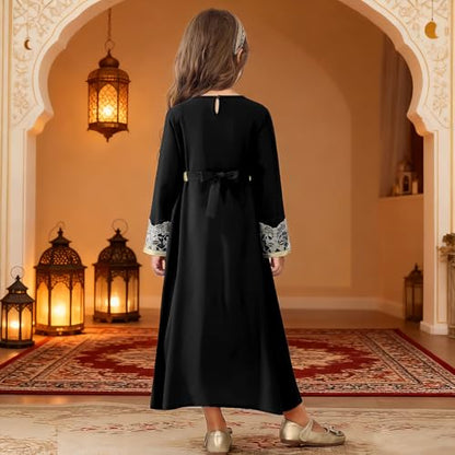 FYMNSI Kids Girls Muslim Abaya Dress Modest Lace Belted Prayer Dress Islamic Maxi Robe Kaftan Ramadan Arabian Dubai Clothes - color: Black, size: 4-5T