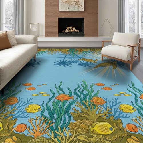 6'x9' Washable Beachy Sea Turtle Area Rug, Teal Non-Shedding Pet Friendly Room Rug for Queen Size Bedroom, Under Bed, Master Suite, Foldable Easy Care Carpet | Ref:1991881 - color: Blue/Pattern 46, size: 6' x 9' (Rectangular)