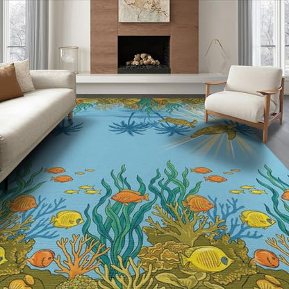 6'x9' Washable Beachy Sea Turtle Area Rug, Teal Non-Shedding Pet Friendly Room Rug for Queen Size Bedroom, Under Bed, Master Suite, Foldable Easy Care Carpet | Ref:1991881 - color: Blue/Pattern 46, size: 6' x 9' (Rectangular)