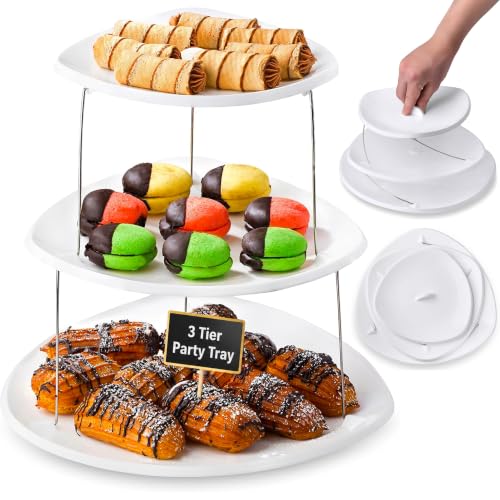 Masirs Collapsible 3-Tier Party Tray: Decorative Design Folds for Minimal Storage. an Elegant Serving Tray for Sandwiches, Cake, Sliced Cheese, and Deli Meat. - size: Party Tray, style: Party Tray
