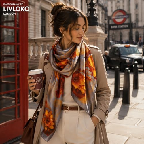 LONDON Women’s Satin Silky Scarf Gift Box Large Lightweight Silky Smooth Shawl Wrap for Hair, Head, Neck or Hijab - color: Orange Flowers - Box