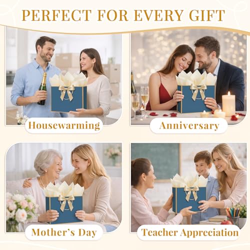 ANZNKU 2PCS Blue Gift Bags Set, Medium Gift Bags with Handles 4 Tissue Paper 2 Ribbons 2 Cards for Women & Men Wedding Birthday Graduation Bridal Baby Shower Engagement Party Favors Present Wrap - color: Navy Blue
