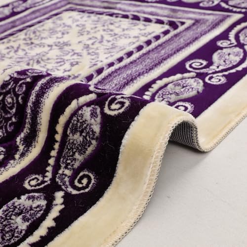 Velvet Muslim Prayer Rug Set with 99 Beads - Purple | Luxury Velvet, Classic Paisley Border Design, Thick Cushioned Janamaz, Non-Slip Backing, Travel Friendly, 99 Tasbeeh Included - color: Purple