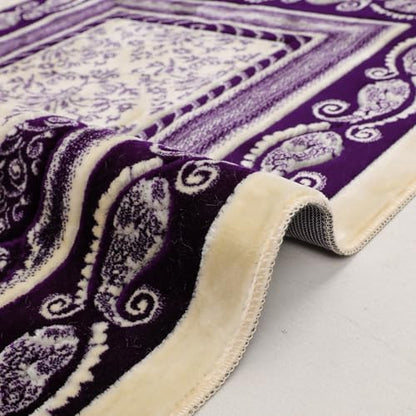 Velvet Muslim Prayer Rug Set with 99 Beads - Purple | Luxury Velvet, Classic Paisley Border Design, Thick Cushioned Janamaz, Non-Slip Backing, Travel Friendly, 99 Tasbeeh Included - color: Purple