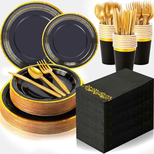 350 Pcs Black and Gold Plastic Plates Disposable Graduation Party Dinnerware Set for 50 Guests 9'' Dinner Silverware 7'' Dessert Plates Cups Napkins Knives Forks Spoons for Wedding Birthday Retirement - color: Black, style: Round