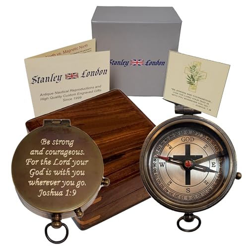 Personalized Compass Gift for Baptism, Confirmation | Religious Keepsake Engraved with Bible Verse | Optional Wood Box with Plaque Available | Gift Box Included - style: Joshua 1:9