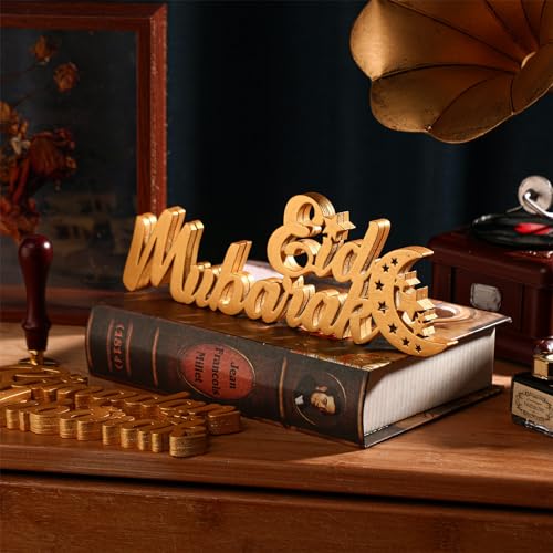 Yuntau 2 Pcs Ramadan Mubarak Wood Sign Eid Mubarak Wooden Table Centerpiece Ramadan Wooden Tabletop Decor Moon Star Islamic Mosque Letter Sign Ramadan Decorations for Home Allah Muslim Gifts(Bright)