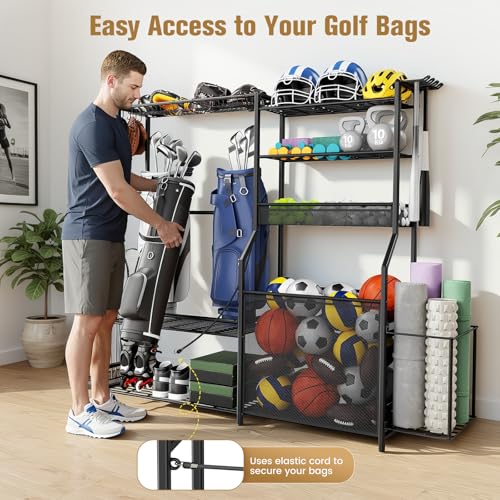 Garage Sports Equipment Organizer, 3 Golf Bag Organizer Stand Heavy-Duty Ball Storage Rack with Basket and Hooks, Ball Storage Cart for Toy Sports Gear Storage, Black