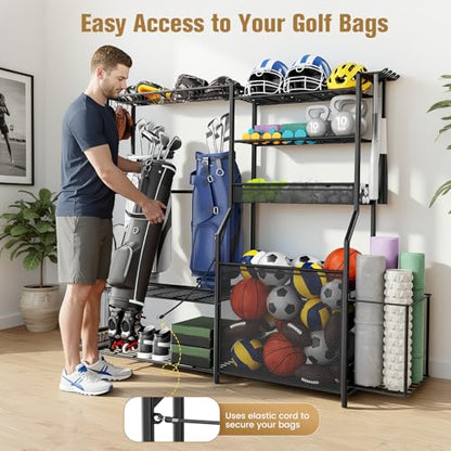 Garage Sports Equipment Organizer, 3 Golf Bag Organizer Stand Heavy-Duty Ball Storage Rack with Basket and Hooks, Ball Storage Cart for Toy Sports Gear Storage, Black