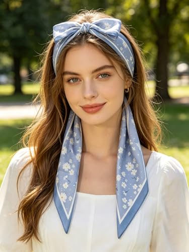 Silky Satin Long Skinny Head Scarf for Women - Neck Hair Scarf, Purse Bag Belt Accessory, Silk Feeling, 57"x5" - color: Sky Blue Floral 04