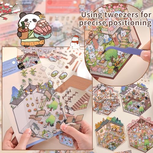 Girls 3D Miniature Scene Stickers, 4 Sets Chinese Courtyard DIY House Stickers for Lunar New Year, Spring, Summer, Auturn, Cute 3D Cartoon Sticker Scenes for Adult Kids Relief Stress Pass The Time - style: Chinese Style