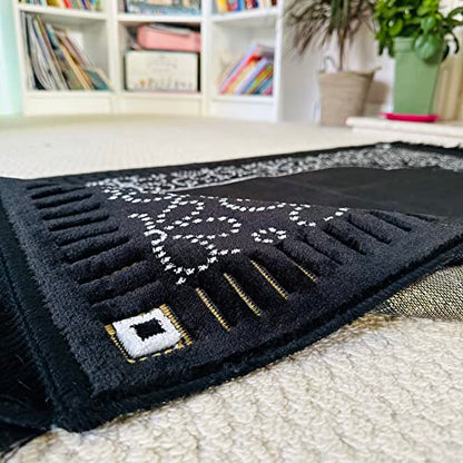 Mihrab Patterned Original Luxury Velvet Prayer Mat/Rug- 750g Weight | Made in Turkey (Black) - color: Black
