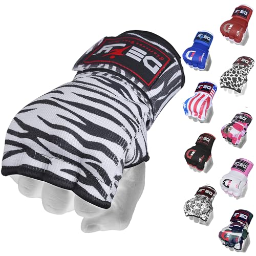 DEFY Padded Inner Gloves Quick 75cm Long Strap – Inner Boxing Gloves Gel Padded Knuckle Protection – Elasticated Boxing Hand Wraps for MMA Muay Thai Kickboxing Martial Arts Pair - color: Zebra, size: Large