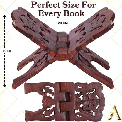 AnNafi® Wooden Book Holder Stand | Rehel/Rehal For Quran Geeta Bible | Indian Book Holders For Reading Hands Free For Desk Carved Antique | Holy Book Stand Prayer/Pooja Wood Islam Decor Handmade Gifts