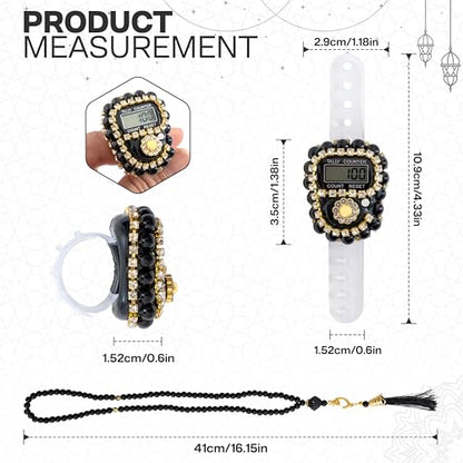 Islamic Tasbih Prayer Beads & Digital Tasbeeh Counter Set – 3 Pack Muslim Prayer Gift for Dhikr, Meditation & Ramadan, Elegant Beads with LCD Finger Counter in Heart-Shaped Gift Box (Black) - color: Black