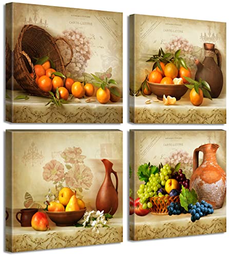 JiazuGo Kitchen Wall Decor Canvas Art for Dining Room Vintage Theme Fruit Pictures Farmhouse Rustic Signs Paintings Bar Accessories Realism Colorful Framed Decorations 4 Pcs/Set - color: Fruit-4P