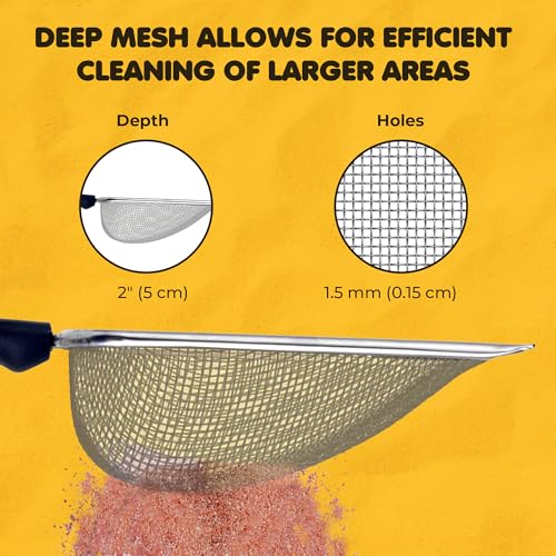 SunGrow Reptile Sand Scoop, Stainless Steel Sifter for Lizard, Gecko & Snake Habitat, Substrate Scoop, Non-Slip Handle, Fine Mesh Scooper for Clumping Sand – Not Suitable for Pellet or Crystal Litter