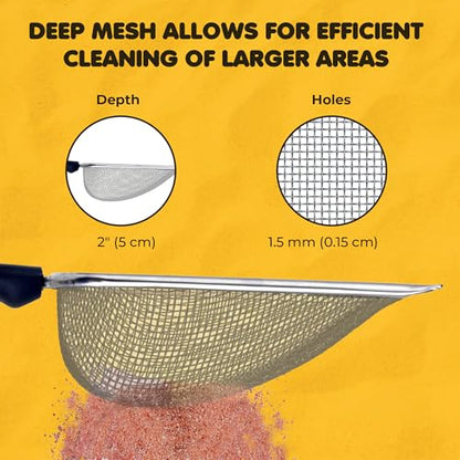SunGrow Reptile Sand Scoop, Stainless Steel Sifter for Lizard, Gecko & Snake Habitat, Substrate Scoop, Non-Slip Handle, Fine Mesh Scooper for Clumping Sand – Not Suitable for Pellet or Crystal Litter