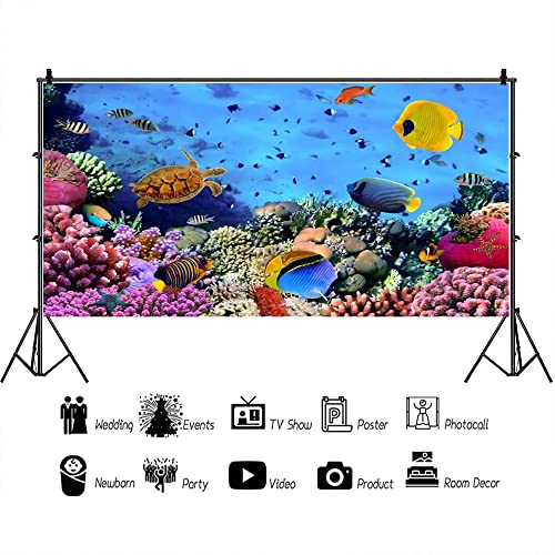 AOFOTO 20x10ft Underwater Ocean Coral Reef Backdrop Under The Sea Tropical Fish Sea Turtle Marine Life Photography Background Seabed World Nature Scene Aquarium Decor Kids Portrait Photo Shoot Props - size: 20x10ft