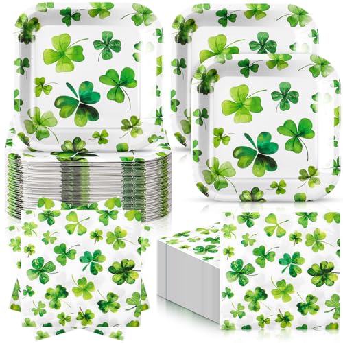 Zhehao 72 Pcs St. Patrick's Day Plates and Napkins Set Serve 36, 7" Square Shamrock Paper Dessert Plates and Napkins Green Clover Disposable Dinnerware Decoration for Irish Festival Party Supplies - style: Shamrock