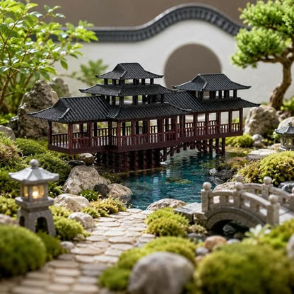 LOGOFUN Mini Chinese Pavilion Ornament Arched Bridge Bonsai Decor - 13.5CM | Ancient Pavilion And Bridge Model Adds Architectural Detail To Bonsai, Sand Tables, Garden Scenes, And Micro Landscapes