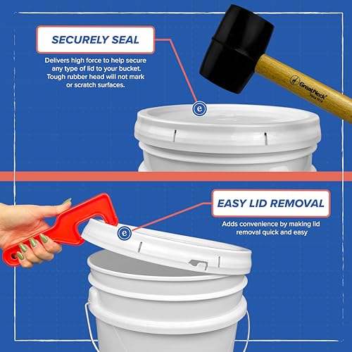 5 Gallon Plastic Bucket with Airtight Lid | Made in USA | Food Grade Bucket | BPA-Free | Heavy Duty 90 Mil All Purpose Pail | One 12" Rubber Mallet & One Lid Opener Included | 6 Pack | Airtight Lid, Mallet and Lid Opener Included, Heavy-Duty 90 Mil HDPE P
