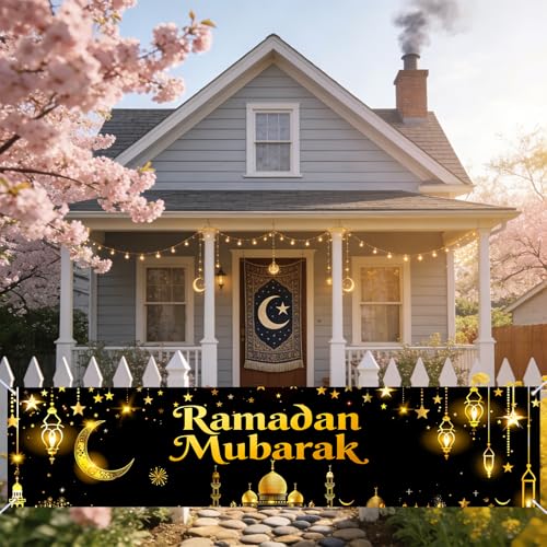 Nuxovilar Ramadan Mubarak Crescent Lantern Banner Polyester 17.72×78.74inches - Ramadan Mubarak yard sign for Home, Patio, Outdoor Decor - color: CU01313