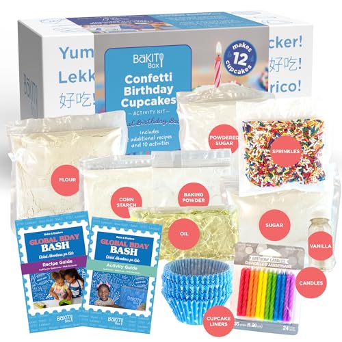 BāKIT Box Confetti Cupcakes Birthday Kit for Kids – Global Celebration Baking Kit – Cupcake Liners & Candles Included – STEM Birthday Activities – Ages 5–13 - color: Confetti Cupcakes