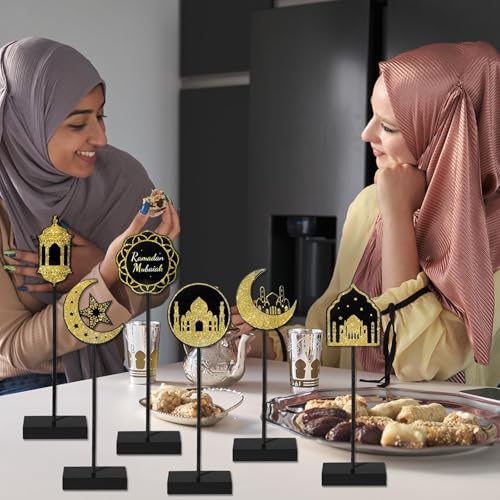 6 Pcs Ramadan Kareem Wooden Table Decors for Eid Mubarak Party Decorations Moon Star Islamic Mosque Signs Double Sided Print Tabletop Decor Eid Party Tiered Tray Decor for Islamic Allah Muslim Gifts