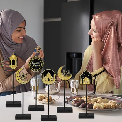 6 Pcs Ramadan Kareem Wooden Table Decors for Eid Mubarak Party Decorations Moon Star Islamic Mosque Signs Double Sided Print Tabletop Decor Eid Party Tiered Tray Decor for Islamic Allah Muslim Gifts