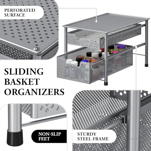 Simple Houseware Stackable 2 Tier Sliding Basket Organizer Drawer, Silver - color: Silver, size: 2-Tier