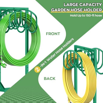 Garden Water Hose Holder Holds 2 * 150Ft Hoses, Heavy-Duty Metal Freestanding Hose Holder with 4 Spikes, Rustproof Garden Hose Hanger Storage for Outside, Yard, Lawn - color: Green