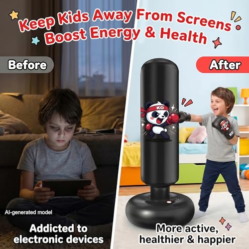 Inflatable Punching Bag for Kids: Qoosea 48 Inches Kids Bop Bag Boxing Gloves & Air Pump Dinosaur Toy Gift for Toddler & Kid Ages 3-8,Freestanding Punching Bag Easy to Inflate,Boxing Bag - color: Black