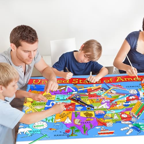 Gatherfun USA 컬러링 액티비티 - 대형 80.9 x 182.9cm(31.5 x 72인치) 교육용 포스터 - 학교 이벤트 및 생일 파티에 이상적, 교실 벽 장식 또는 테이블 커버로 다용도 - style: SA MAP