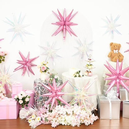 9Pcs Pink Iridescent Star Balloons, Spike Foil Balloons Girls Party Decor - color: Iridescent + Light Pink