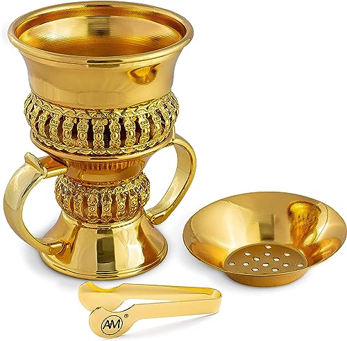 AM Regal Charcoal Incense Burner Set, Metal Incense Burner Mabkhara Kit with Metal Tongs Ash Tray, Incense Holder for Cones Resin Frankincense, Arabian Oud, Bakhoor Burner, Arabian Home Decor (Gold) - color: Gold