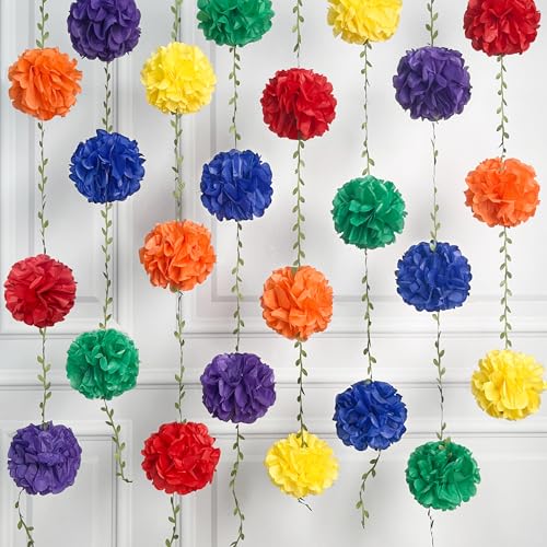 Rainbow Party Decorations Colorful Tissue Paper Flowers Pom Pom with Leaf Ribbon Hanging Garland Streamer for Multi-Color Birthday Wedding Shower Carnival Clown Fiesta Festival Party Supplies - color: Rainbow