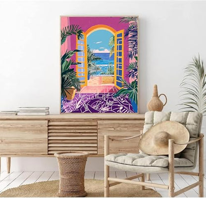 MSTINGSHUN DIY 다채로운 휴가 코티지 페인트 숫자 키트 40.6 x 50.8cm(16 x 20인치) 캔버스 아일랜드 스타일 숫자로 그림 어린이 학생 성인 초보자용 브러시 포함 아크릴 안료 선물(프레임 포함) - color: 아트워크 08, size: 16''x20''(DIY frame)