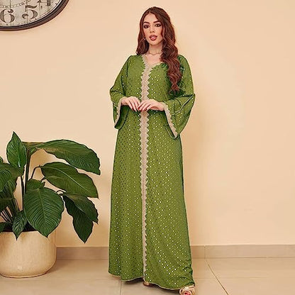 FPOVFPO Women's Muslim Abaya One-Piece V Neck Bronzing Dress Islamic Full Length Kaftan Daily Casual - color: Army Green, size: X-Large