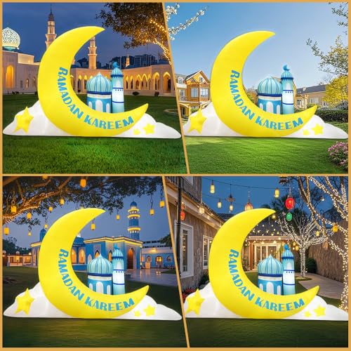 KOOY 7.8 FT Long Inflatable Ramadan Crescent Moon Decorations with Mosque & Star Blow Up Islamic Eid Decor Muslim Holiday Outdoor Decorations with LED Lighted