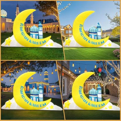 KOOY 7.8 FT Long Inflatable Ramadan Crescent Moon Decorations with Mosque & Star Blow Up Islamic Eid Decor Muslim Holiday Outdoor Decorations with LED Lighted