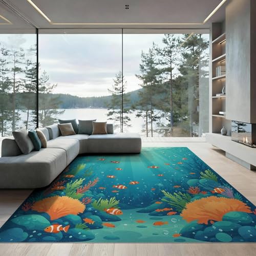 6'x9' Washable Graphic Fish Area Rug, Teal Foldable Non-Slip Large Carpet Foldable Easy Care Carpet for Queen Size Bedroom, Under Bed, Master Bedroom | Ref:1910466 - color: Blue/Pattern 40, size: 6' x 9' (Rectangular)