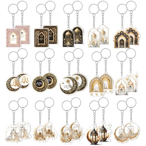 Liliaafar 30 Pcs Islamic Keychain Gifts Bulk Acrylic Muslim Keychain Ramadan Eid Gifts Bulk Stars Moon Rosary Religious Party Favors for Ramadan Hajj Wedding (Attractive) - style: Attractive