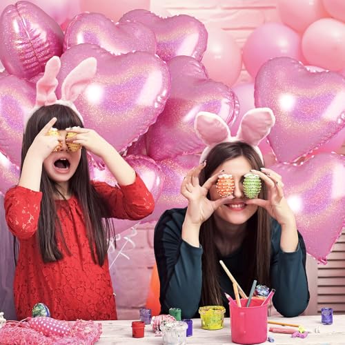 Laser Pink Heart Balloons, 10PCS Glitter Foil for Girls Birthday Valentine - color: Laser Pink