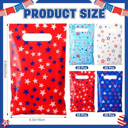 Geyoga 100 Pcs Patriotic Party Favor Bags Bulk 10 x 6 4th of July Gift Bags with Handles Red White Blue Treat Bag 250th Anniversary Plastic USA Flag Candy Bag for Independence Day Party Supplies - style: Independence Day